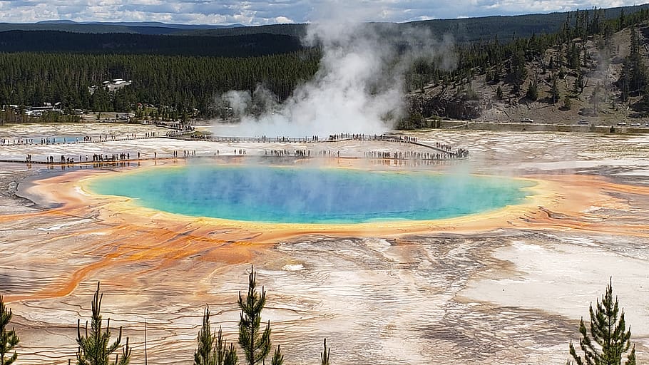grand prismatic spring, yellowstone, pool, steam, nature, hot, thermal, water, geothermal, wyoming