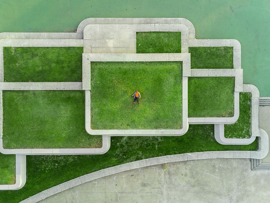 green, grass, field, architecture, people, alone, aerial, green color, plant, day