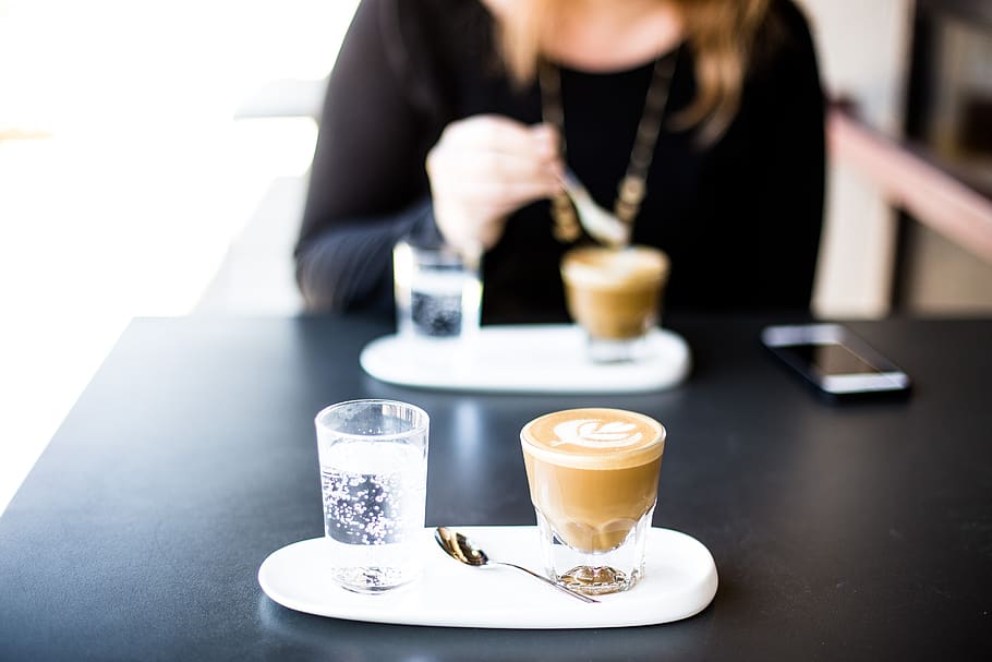 coffee, latte, art, shop, cafe, plate, spoon, glass, water, phone