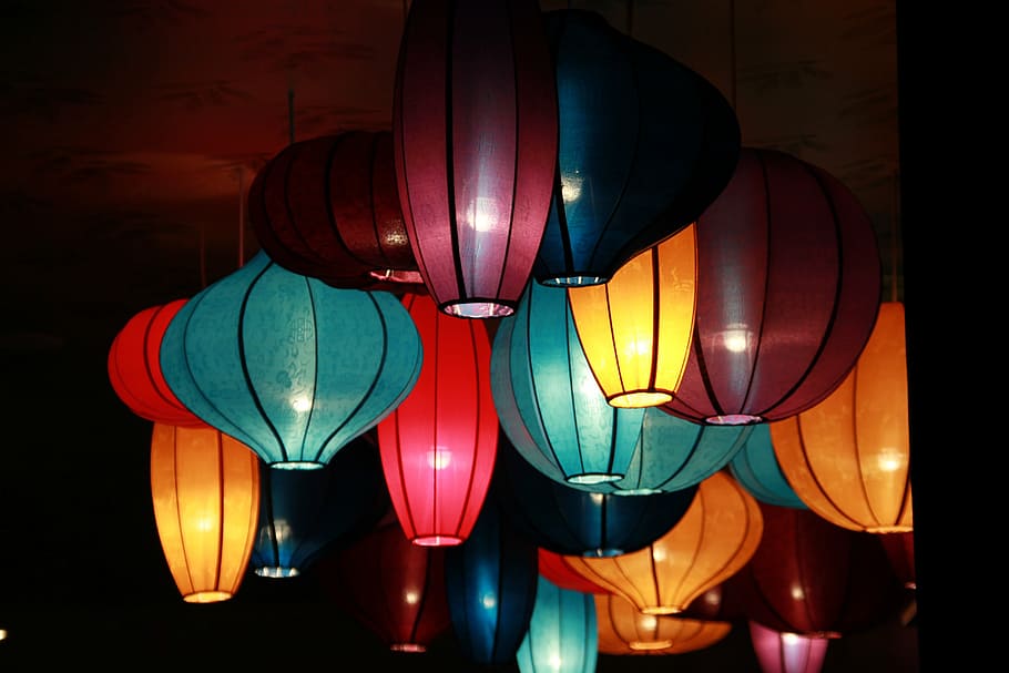 assorted-color pendant lamps, bar, travel, mood, lamp, decoration, chandelier, lantern, electric Lamp, asia