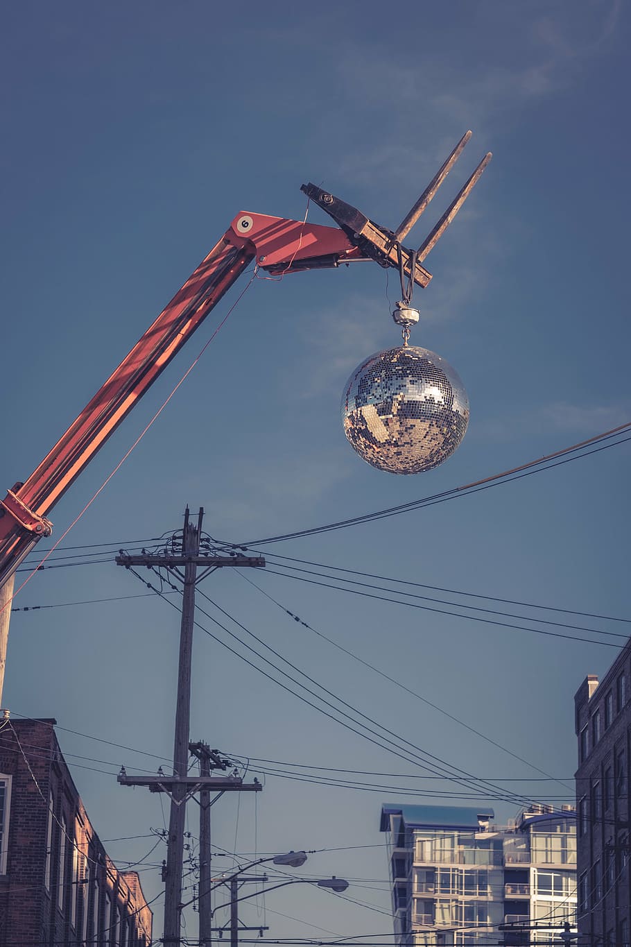 silver disco ball, architecture, building, infrastructure, sky, skyscraper, tower, skyline, city, transmission