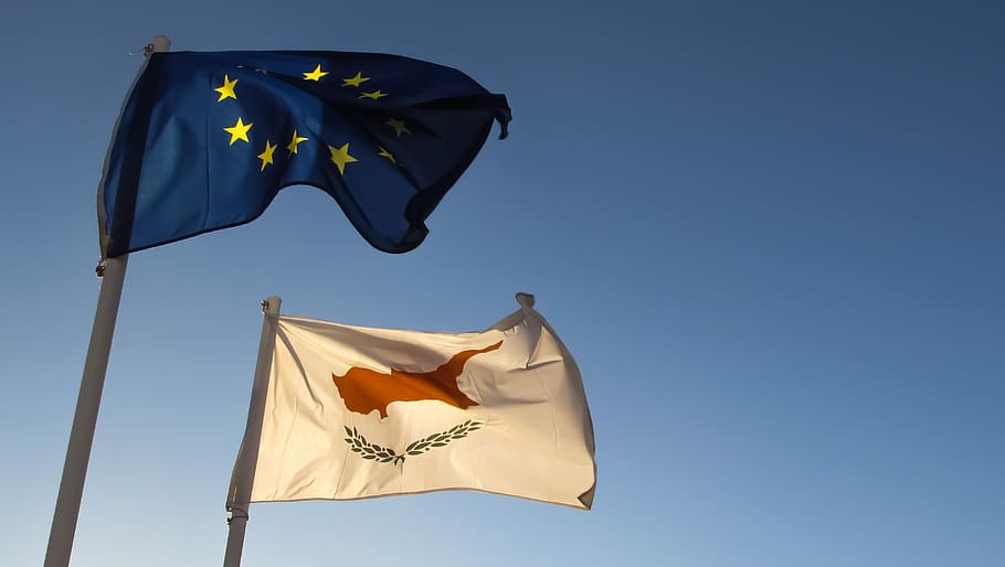 Chipre, Unión Europea, Europa, País, UE, Bandera, Símbolo, Viento, Winnow, cielo