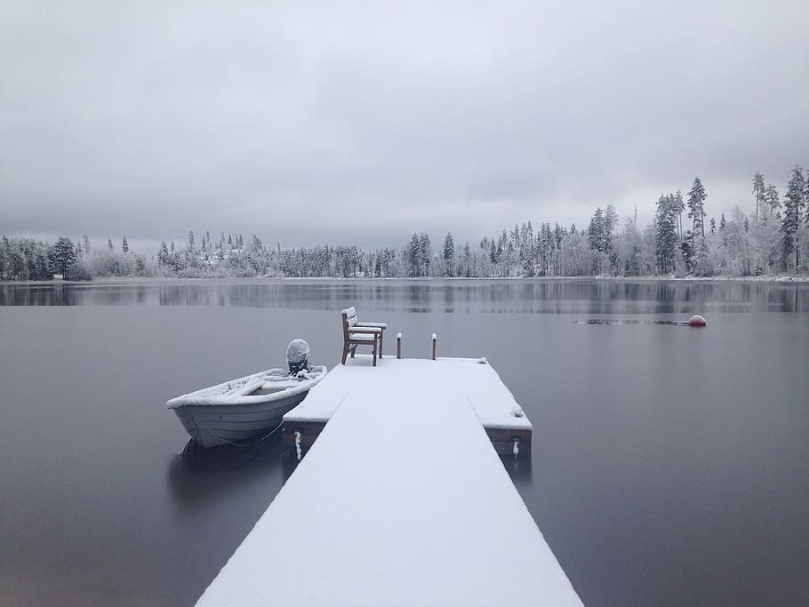 invierno, la primera nieve, nieve, lago, barco, escarcha, niebla, agua, pintorescos - naturaleza, tranquilidad