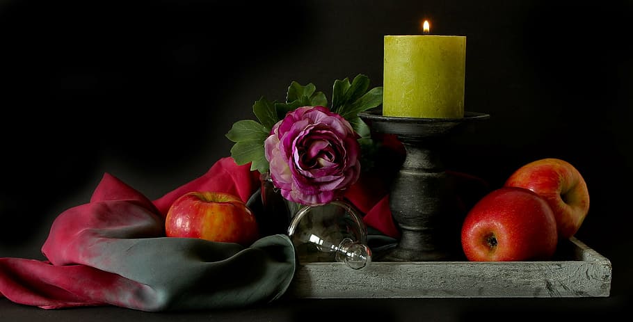red, apples, gray, candlestick, still life, apple, autumn, fruit, candle, indoors
