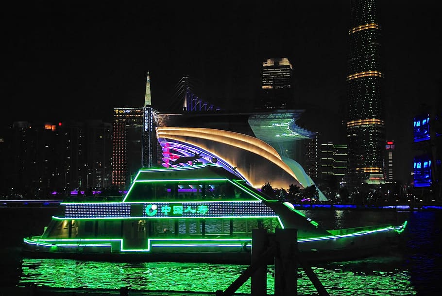 China, Guangdong, Canton, Port, illumination, ship, night, illuminated, building exterior, architecture
