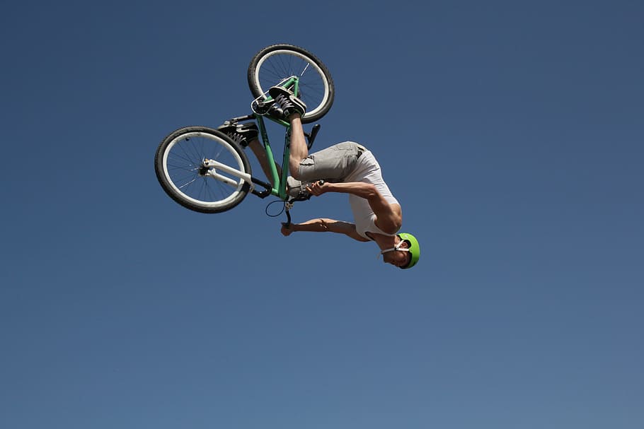 man, performing, trick, air, in the air, stuntman, cycling, sport, low angle view, blue