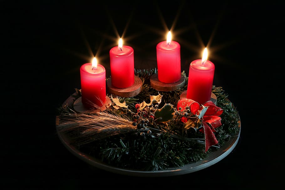 three, lighted, red, pillar candles, advent, christmas, candle, advent wreath, christmas time, candlelight