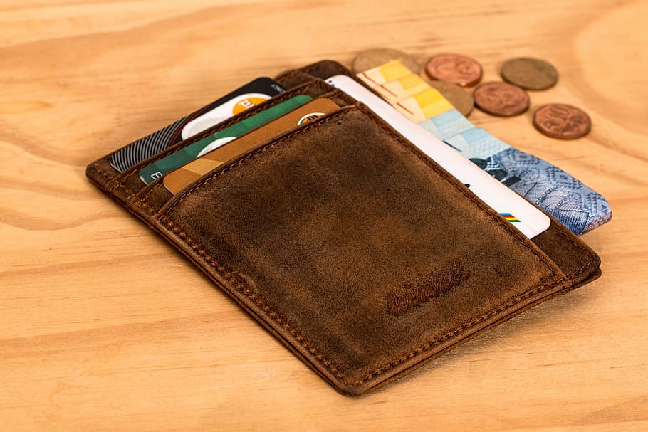 brown, leather wallet, banknotes, coin, wallet, credit card, cash, investment, money, financial