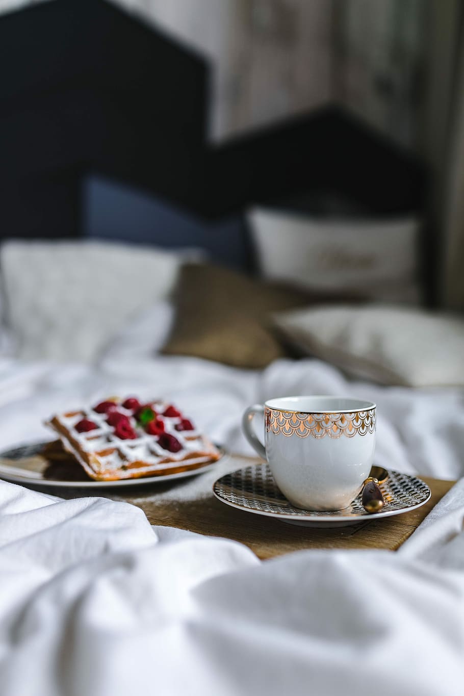 breakfast, bed, -, waffles, raspberries, cup, coffee, tray, Breakfast in bed, cup of coffee