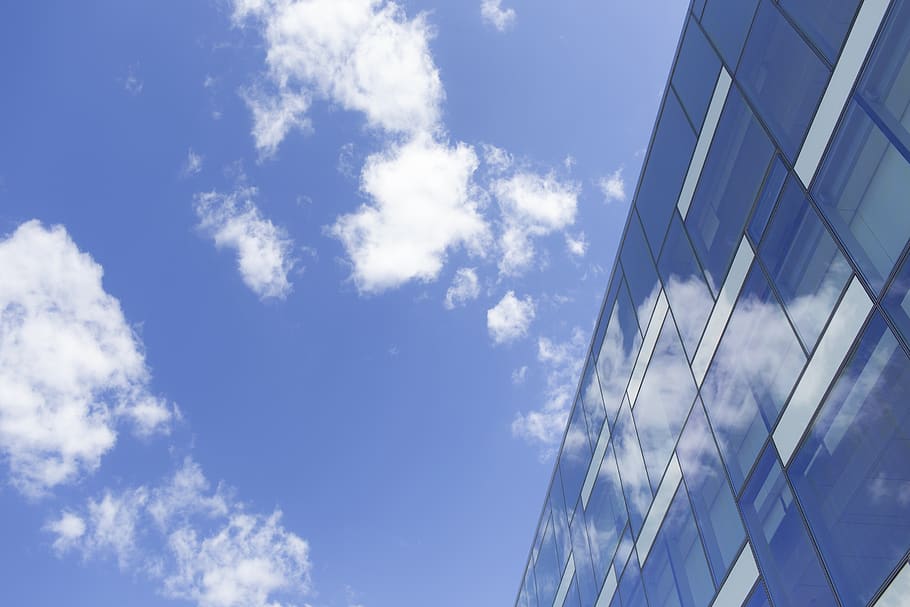 blue, glass, windows, sky, clouds, architecture, building exterior, cloud - sky, built structure, building