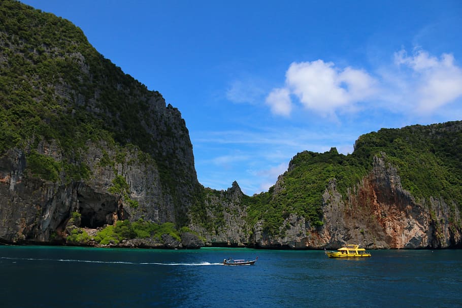 phi phi islands, krabi, thailand, water, nautical vessel, transportation, mode of transportation, mountain, sea, scenics - nature