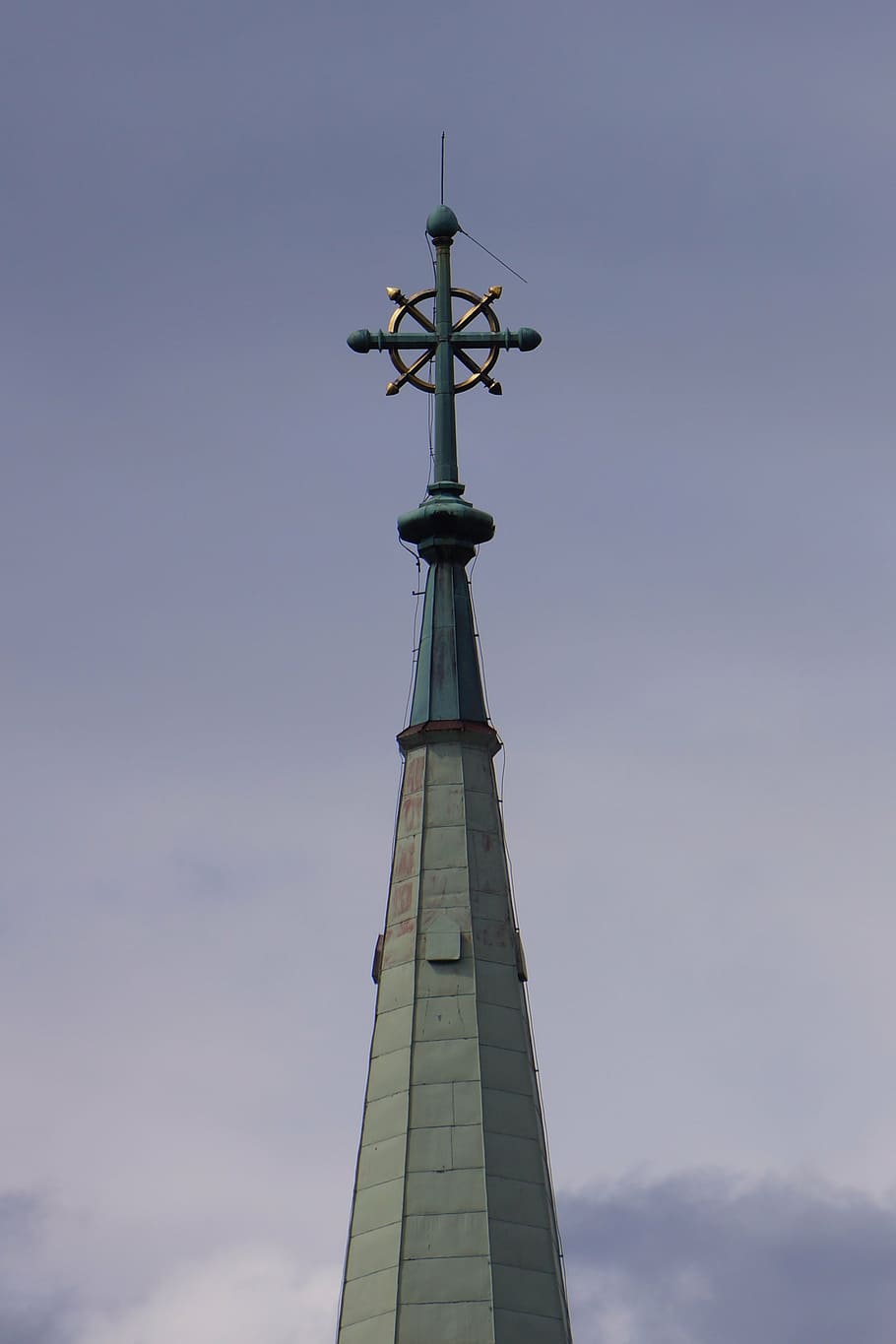 steeple, cross, i brought the thunder, top, roof, architecture, church, sky, low angle view, tall - high