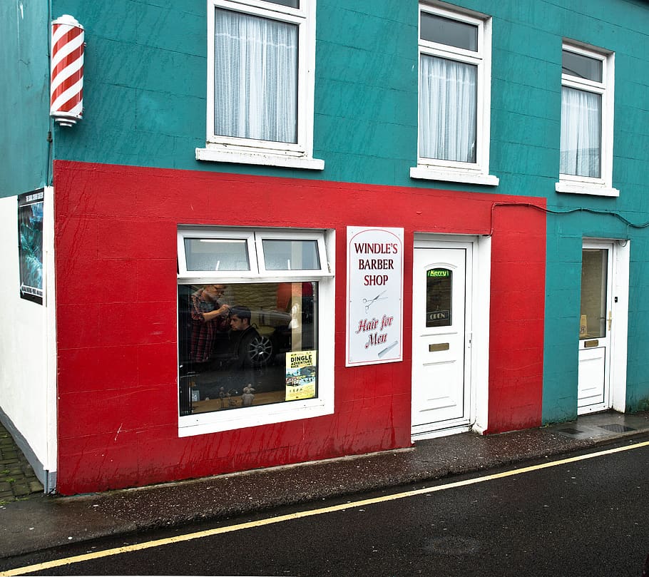 ireland, barber beauty shop, barbershop, building, red, turquoise, street photography, building exterior, built structure, architecture