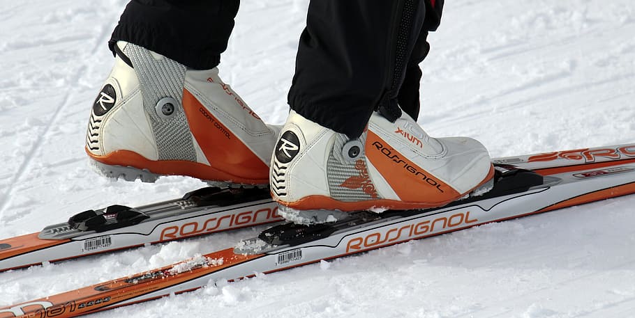 person, white, orange, rossignol snow skis photo, cross country skiing, cross-country ski, winter, snow, sport, trace
