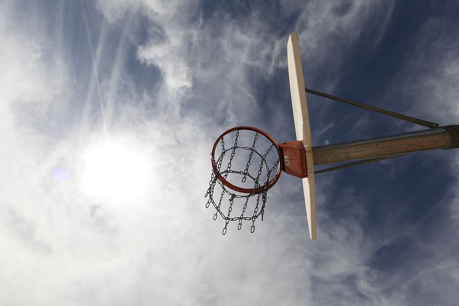 low, top, view photo, basketball hoop, sky, park, sport, ball, game, match