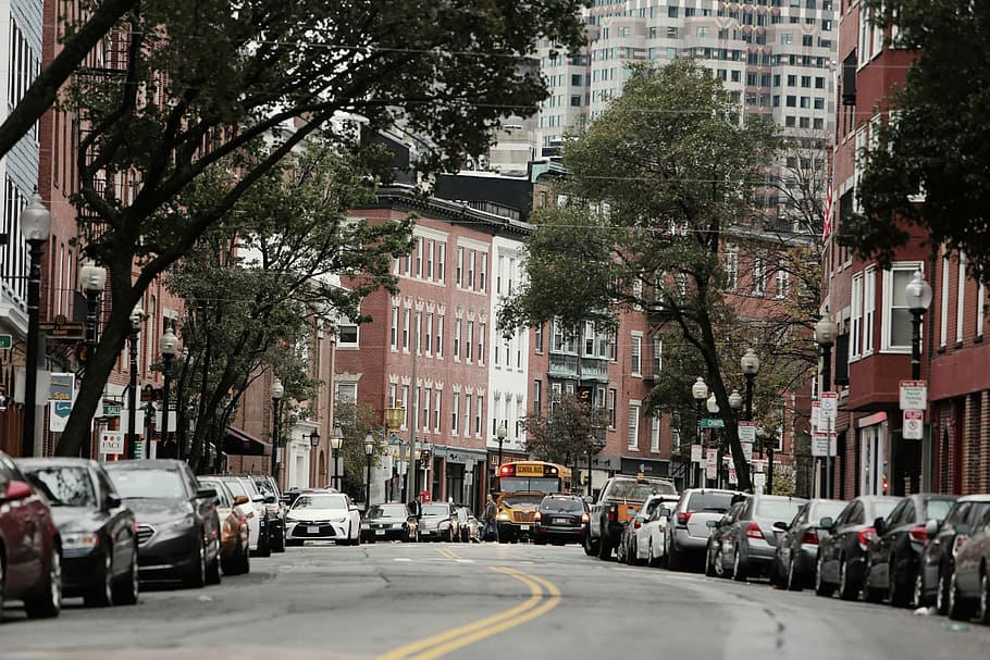 Vehículos, estacionados, al lado, edificios, durante el día, automóviles, carretera, Boston, ciudad, calles