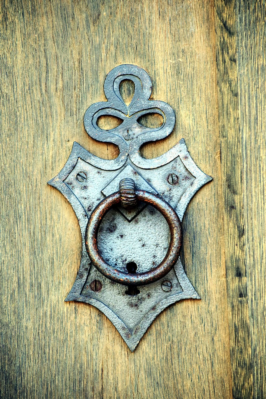 silver door knocker, brown, wooden, thumper, door, handle, old, doorknocker, wood, door handle