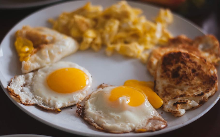 food, eat, breakfast, eggs, sunny, side, scrambled, yolk, plate, still
