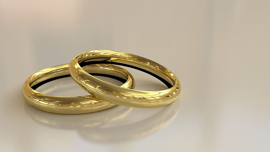 two, gold-colored wedding band, rings, ring, alliance, marriage, commitment, gold, wedding, jewelry