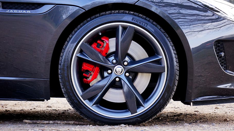 gris, vehículo, negro, ruedas, rojo, pinzas, jaguar, coche deportivo, rápido, automóvil