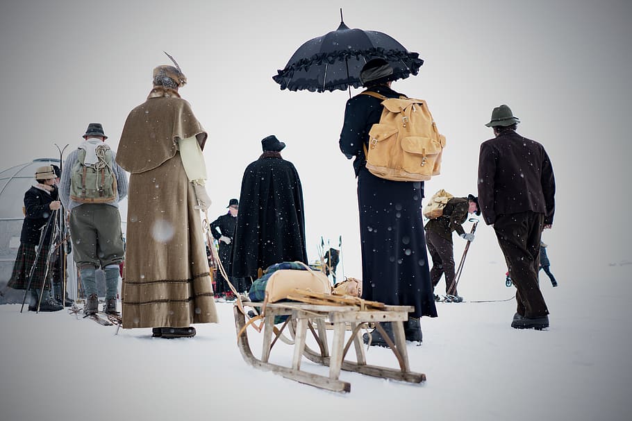 people, snow, winter, men, umbrella, clothing, cold, weather, bag, walking