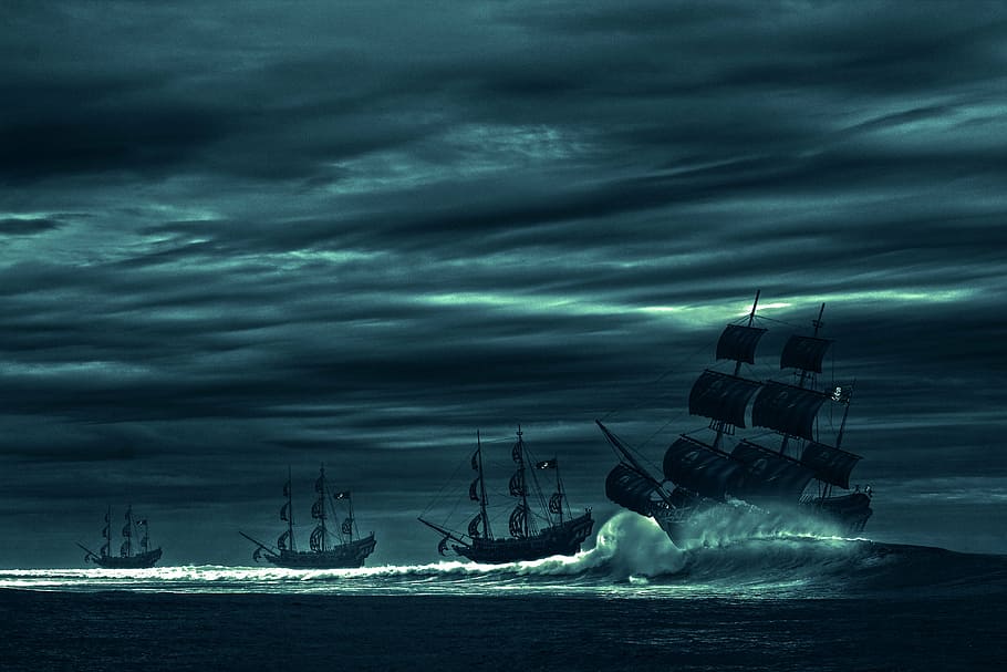 four, galleon ships, sea, waves, gray, sky, ocean, boat, pirate, pirate ship