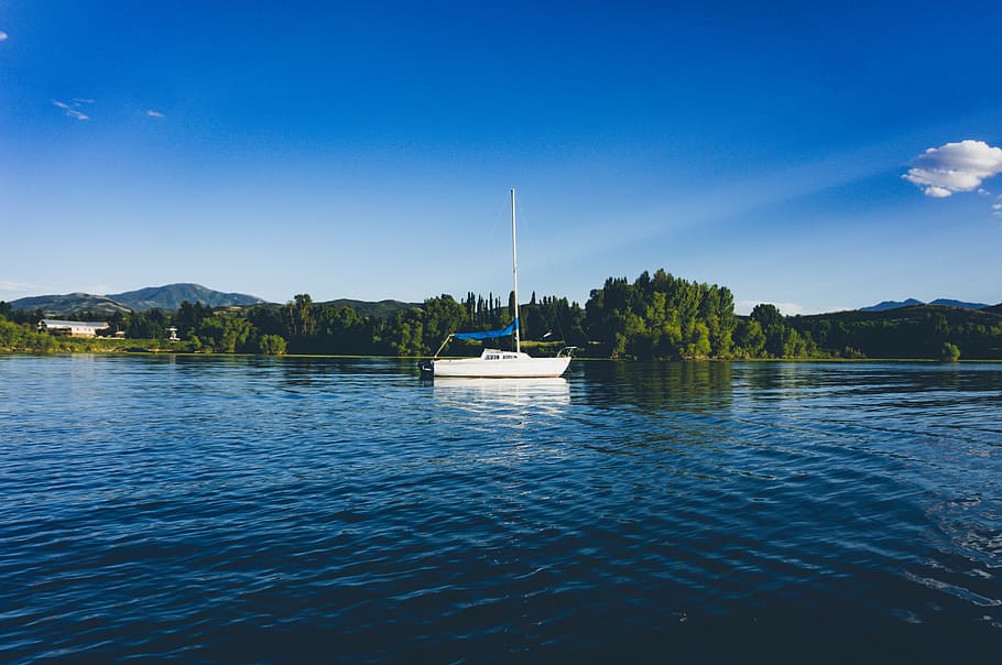 lake, blue, water, green, trees, plants, boat, sailing, clouds, sky