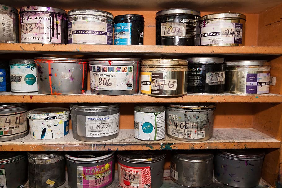assorted, grey-metallic cans, brown, wooden, rack, grey, metallic, cans, color, cans of paint