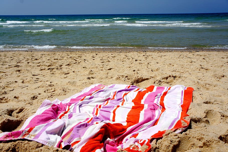 multicolored, scarf, seashore, Beach, Towel, Horizon, Sand, beach, towel, sea, horizon over water