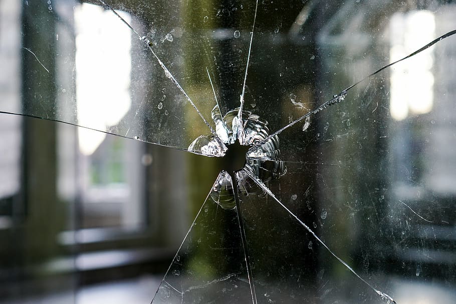 broken, clear, glass panel, glass, fragmented, hole, crack, disc, window, glass breakage