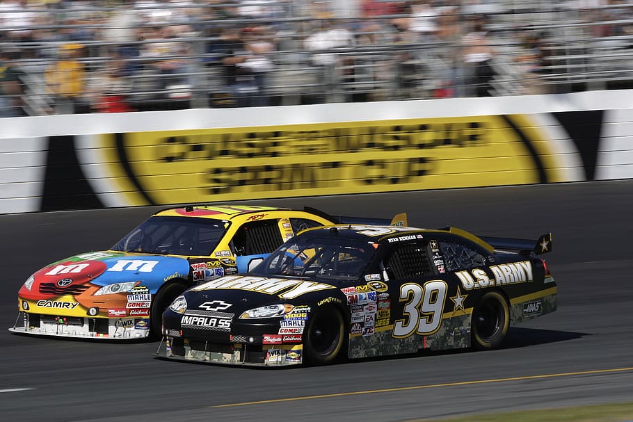 two, black, yellow, stock cars, gray, road, full, speed, auto racing, nascar