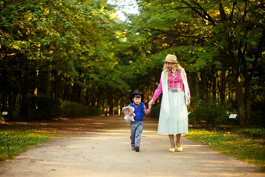 woman, boy, walking, outdoors, park, mother and son, family, stroll, mom, child