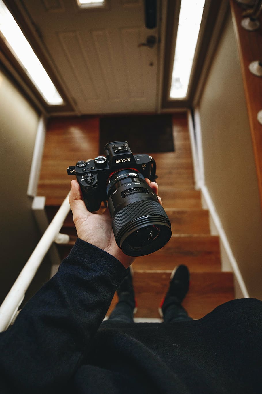 person, holding, black, sony dslr camera, sony, dslr, camera, lens, photography, blur