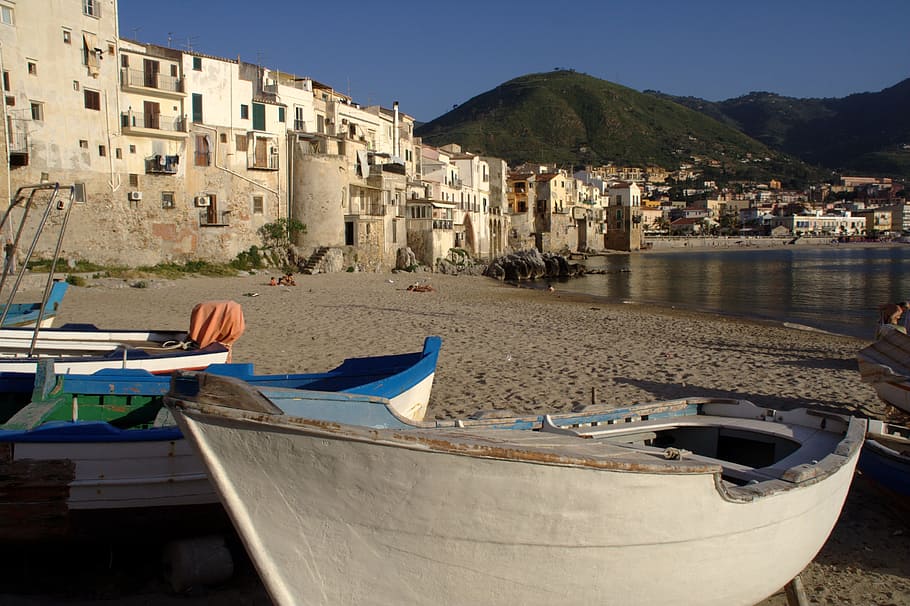 gray canoe, italy, sicily, cefalù, water, architecture, nautical vessel, building exterior, built structure, mode of transportation