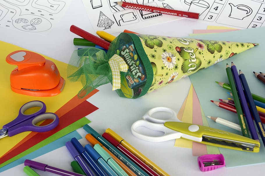 assorted-color pencil, scissors, schultüte, zuckertüte, back to school, training, school, first class, school launch, colorful