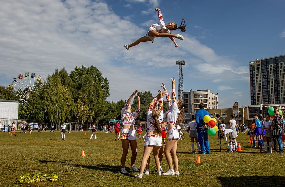 cheerleader, tossed, upwards, outdoors, Girl, In The Air, Air, Sports, People, the girl in the air, sports