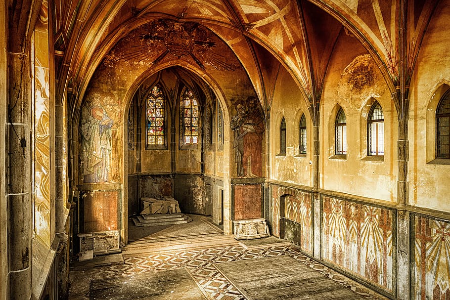 inside, view, brown, concrete, cathedral, hall, lost places, pforphoto, decay, old