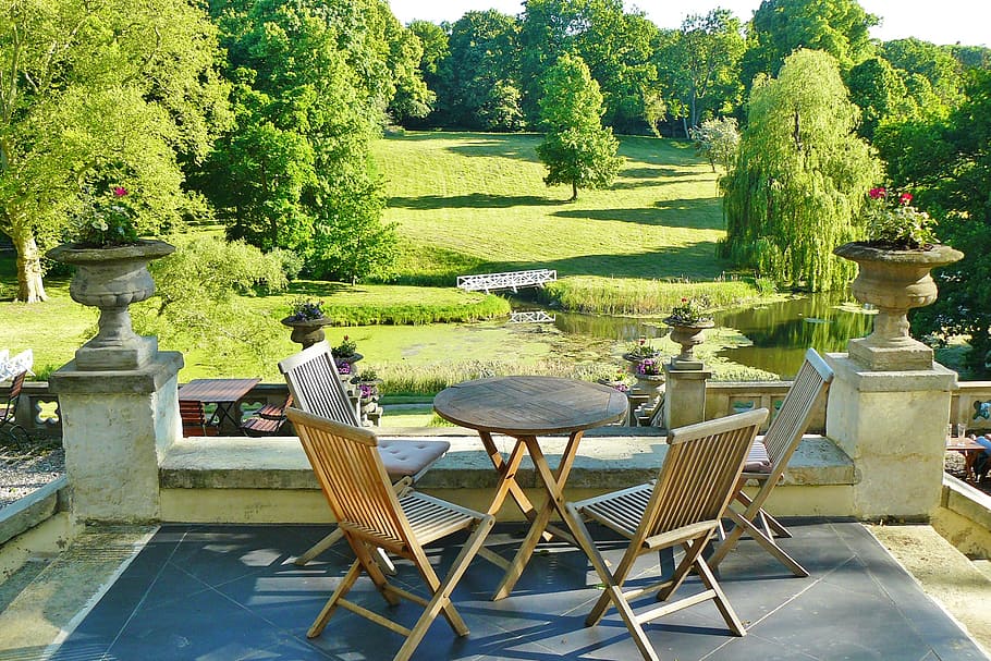 patio table, four, chairs, daytime, castle park, hotel, terrace, park, idyllic, romantic