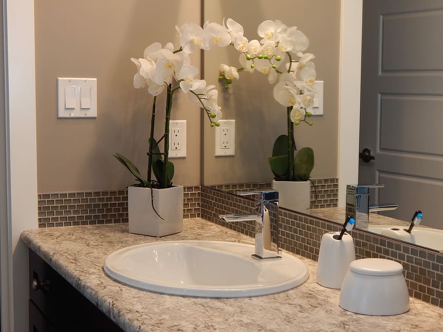 white, ceramic, sink, stainless, steel faucet, orchids, stainless steel, faucet, bathroom, mirror
