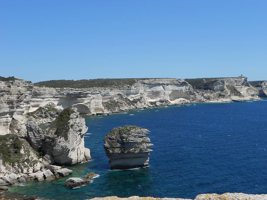 limestone rock, corsican, sea, landscape, bonifacio, water, sky, rock, blue, clear sky