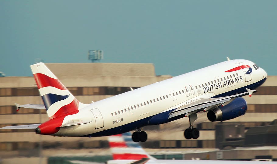 white, british airlines airplane, flying, manchester, airport, england, information, sign, transportation, travel
