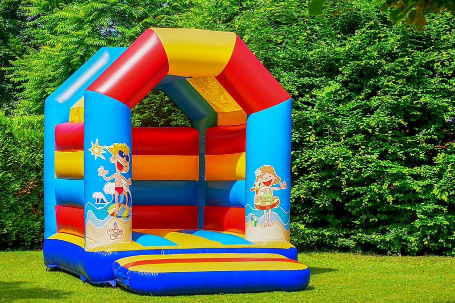 multicolored, bounce, house, front, trees, bouncy castle, air cushion, inflatable, soft, children