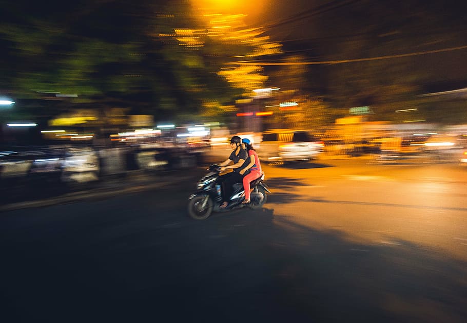 timelapse photography, two, person, riding, motorcycle, nighttime, dark, night, city, lights