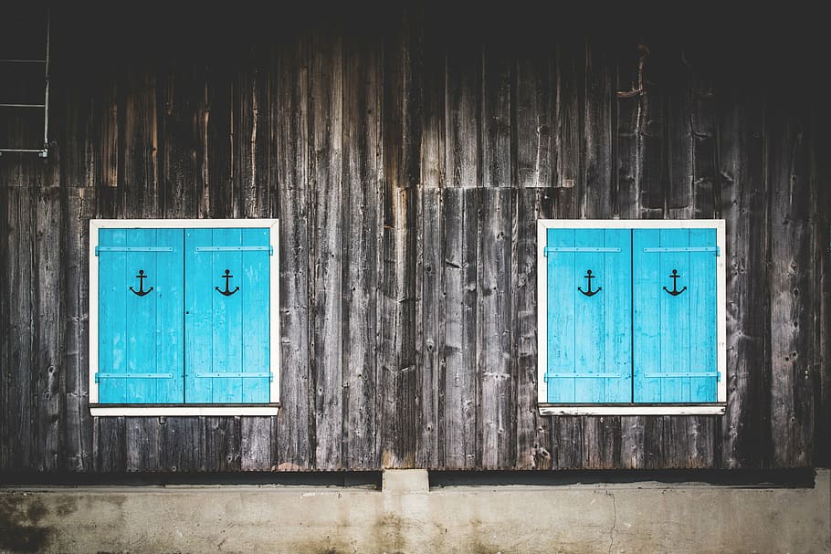 two, closed, blue, wooden, windowpanes, architecture, building, window, design, logo