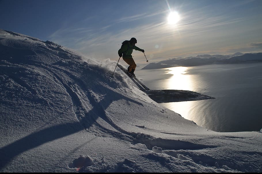 person skiing, snow-covered, field, Ski, Backcountry, Alpine, Norway, backcountry skiiing, lyngen, alps