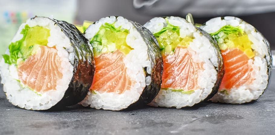 sushi, eating, food, japan, japanese, salmon, fish, rice, delicious, restaurant
