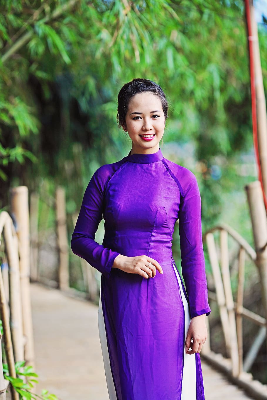 woman, purple, mandarin, collared, long-sleeved, dress, posing, trees, vietnam, long dress