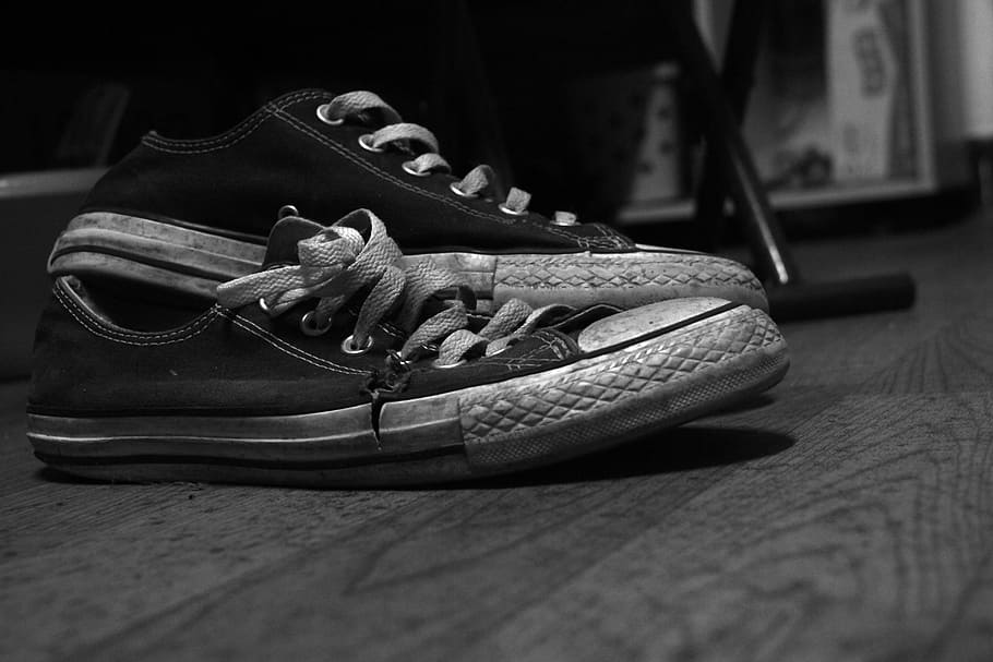 black and white, shoe, obsolete, pair, indoors, still life, close-up, fashion, personal accessory, shoelace
