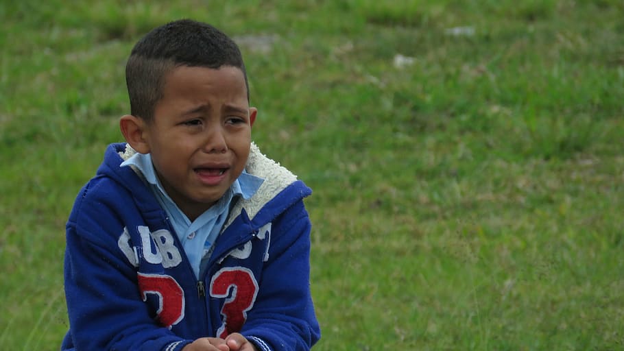 boy, blue, zip-up jacket, grass field, child crying, park, alone, kid, lost, emotions