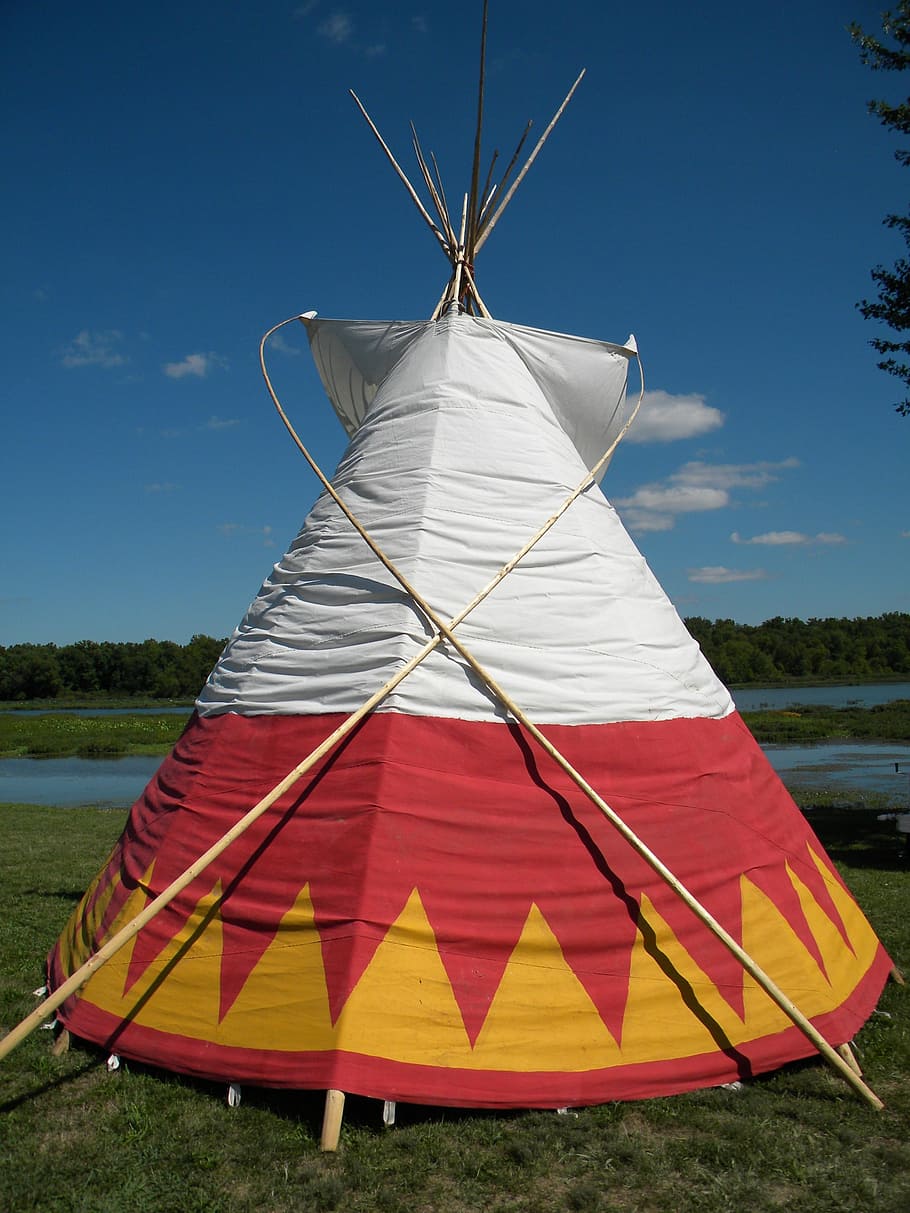 white, red, yellow, tipi tent, grass field, tipi, native american, teepee, culture, tepee